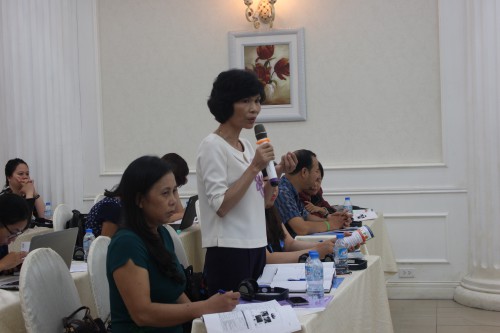 Bà Ngô Thị Lợi, Phó chủ tịch Hội phụ nữ Tỉnh Hà Nam trình bày về những kết quả mô hình thí điểm can thiệp cộng đồng